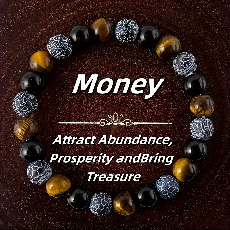 Natural Stone Stress Relief  Wealth Attraction Bracelet - Bohemian Style Black Tiger Eye Synthetic with Golden Brown Stripes, Unisex, for Daily Wear and Special Occasions - Attracts Money and Prosperity - Birthday, Anniversar