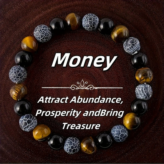 Natural Stone Stress Relief  Wealth Attraction Bracelet - Bohemian Style Black Tiger Eye Synthetic with Golden Brown Stripes, Unisex, for Daily Wear and Special Occasions - Attracts Money and Prosperity - Birthday, Anniversar