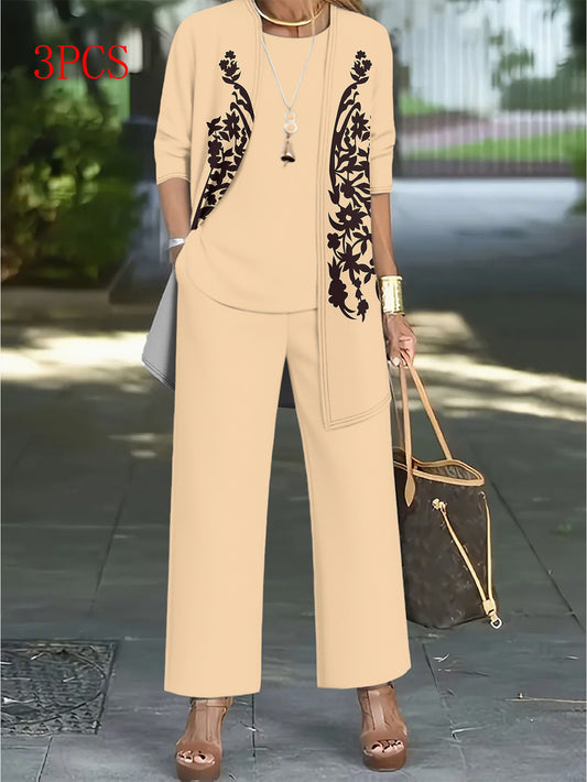 For Curvy Ladies 3 PCS Set XL-5XL UK (18-26) Plus-Size Women's Formal Blazer Suit with Camisole, Pants & Jacket - Full-Body Print Round Neck Matching Outfit, Machine Washable Coordinated Ensemble for, Semi-Formal Events & Cas