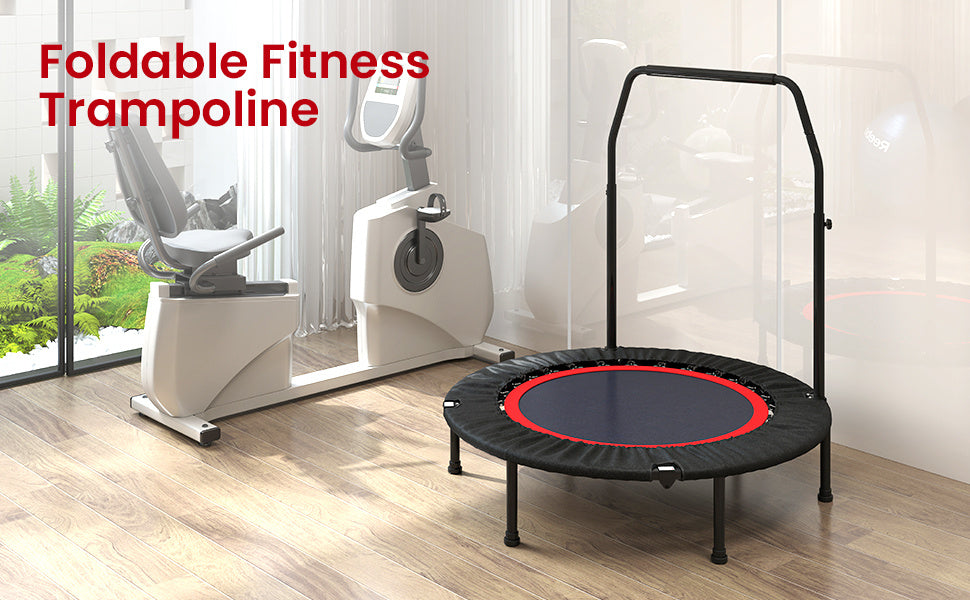 For Home Gym 40 inch Foldable Fitness Trampoline Max Load 400lbs Foldable Exercise Rebounder with 5 level Adjustable Handrail Indoor Outdoor Fitness Body Exercise