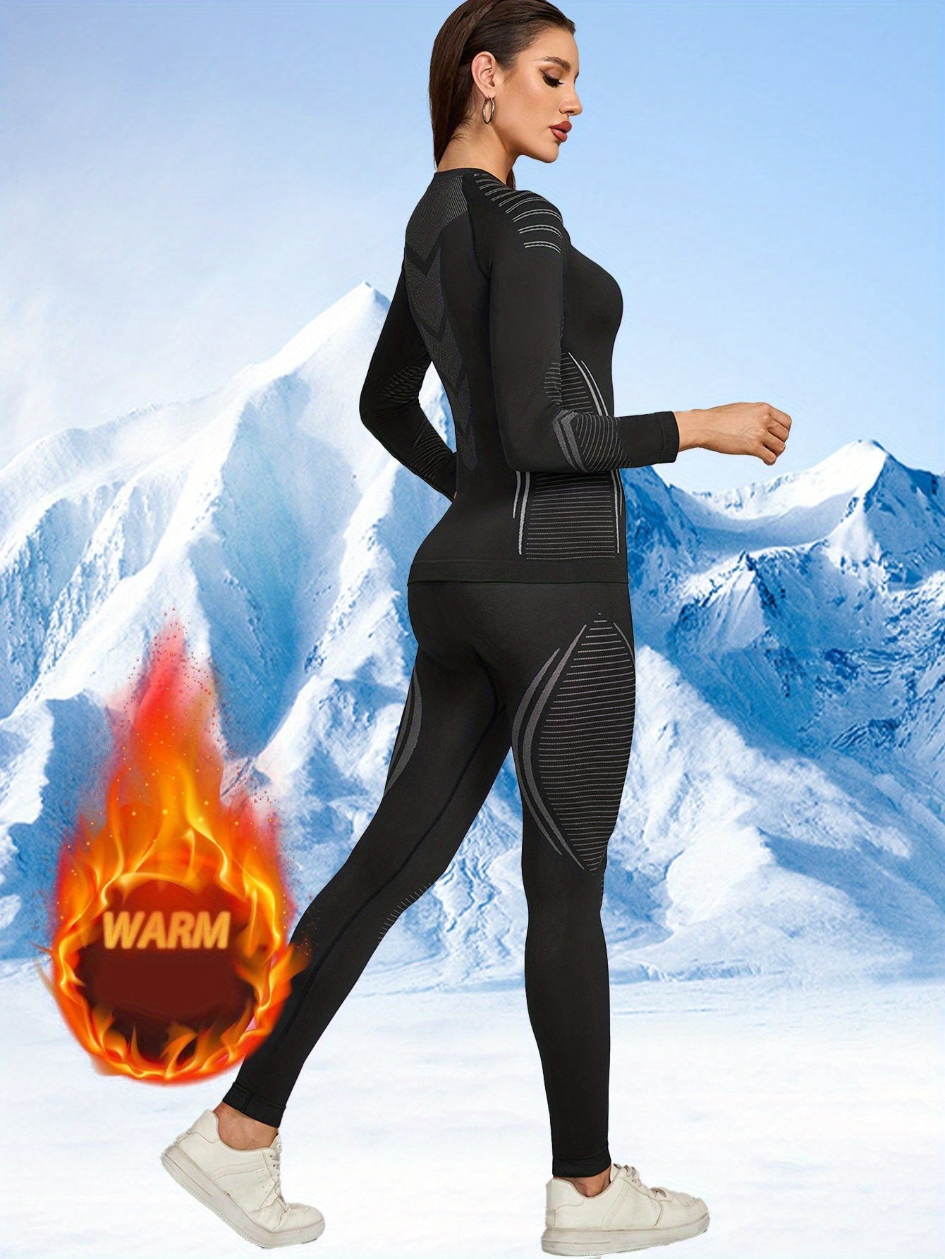 2 PCS Set Women's Seamless Compression Sportswear Set, Autumn/Winter New Arrival, Ski Base Layer, Warm, Moisture-Wicking, Quick-, Body-Hugging