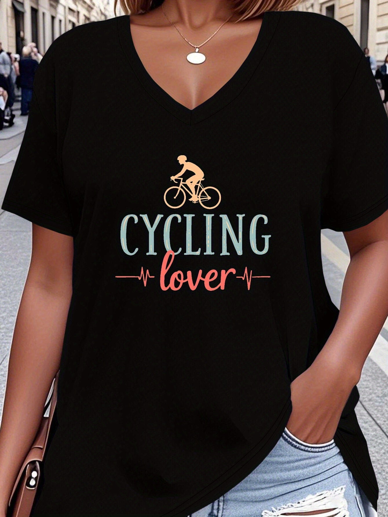 For Big Girls XL-5XL UK (18-26) Plus Size Women's Sporty Cycling Lover Heartbeat Graphic V-Neck T-Shirt - Breathable Fabric, All-Season Comfort, Machine Washable, Cycling Jersey, Leisure Wear, Casual Style, Comfortable Fit, A