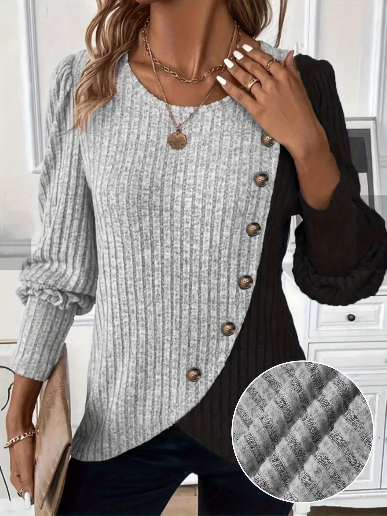 For Curvy Ladies L-3XL UK (16-24) Plus Size - New Autumn And Winter Collection of Solid Color Long-Sleeve Ribbed Button-Slit Oversized Women's Shirts, Elegant Tops