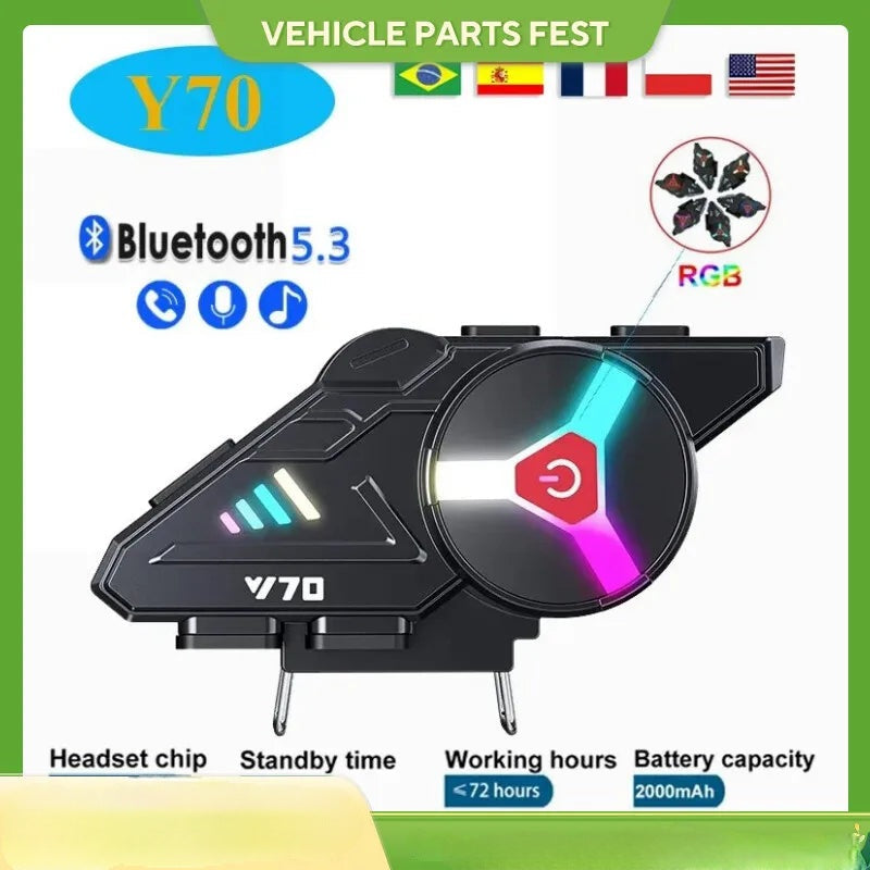 Y70 Motorcycle Bluetooth Helmet Headset V5.3 RGB Colorful Lights Earphone IPX6 Waterproof Support Connecting 2 Phones Same Time