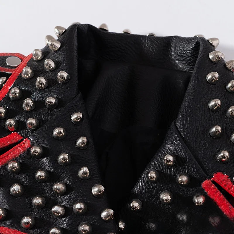 Motorcycle Leather Jacket for Women, Printed Rivet Leather Jacket, Punk Zipper Rock Jacket, High Quality, Autumn