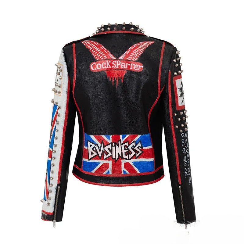 Motorcycle Leather Jacket for Women, Printed Rivet Leather Jacket, Punk Zipper Rock Jacket, High Quality, Autumn