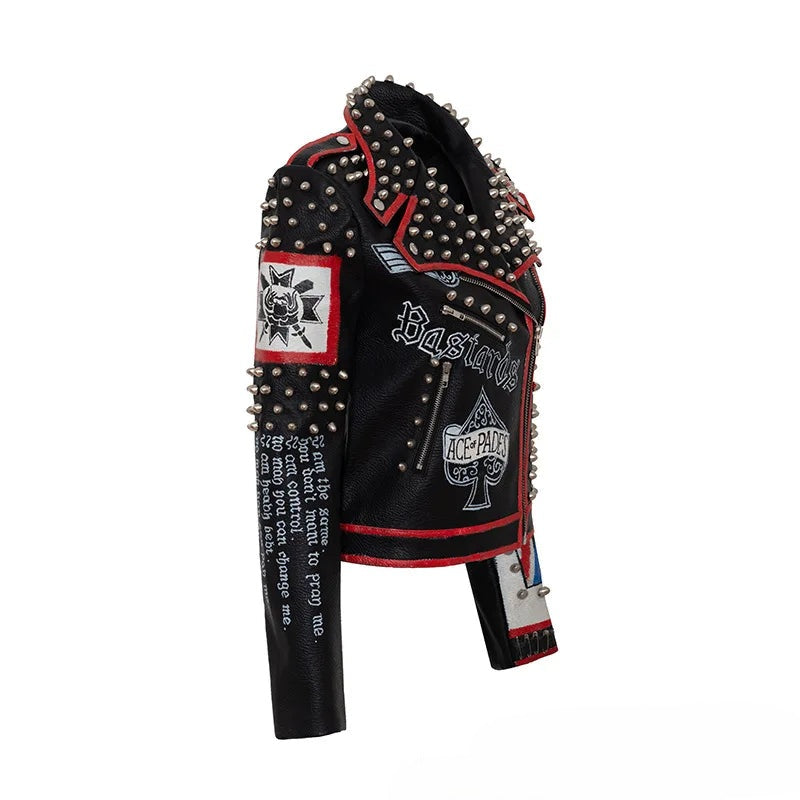 Motorcycle Leather Jacket for Women, Printed Rivet Leather Jacket, Punk Zipper Rock Jacket, High Quality, Autumn