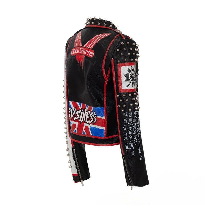 Motorcycle Leather Jacket for Women, Printed Rivet Leather Jacket, Punk Zipper Rock Jacket, High Quality, Autumn
