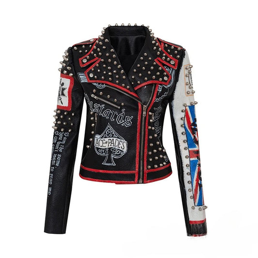 Motorcycle Leather Jacket for Women, Printed Rivet Leather Jacket, Punk Zipper Rock Jacket, High Quality, Autumn