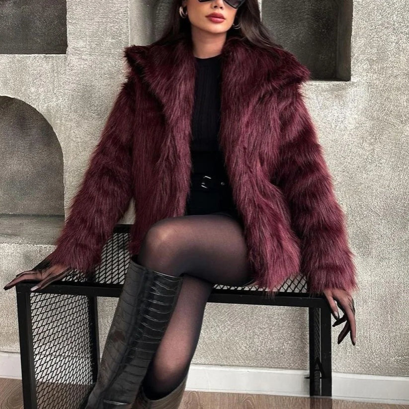 Women Fashion Winter Solid  Big Lapel Coat Faux Fur Coat Jacket New 2025 Autumn Winter Slouchy Burgundy Black Gray Coat