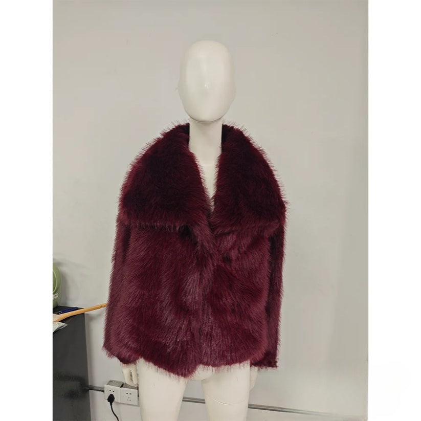 Women Fashion Winter Solid  Big Lapel Coat Faux Fur Coat Jacket New 2025 Autumn Winter Slouchy Burgundy Black Gray Coat