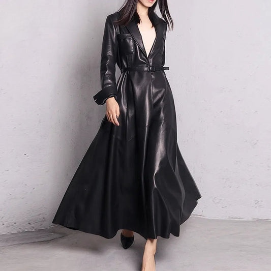 High Quality Red Black Maxi Pu Leather Trench Coat for Women Extra Long Skirted Elegant Overcoat Fashion 5xl 6xl 7xl