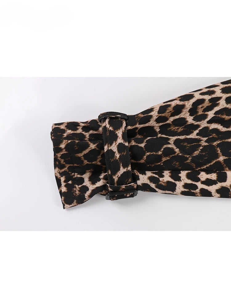 Autumn Extra Long Oversized Leopard Print Trench Coat for Women with Back High Slit Double Breasted European Fashion