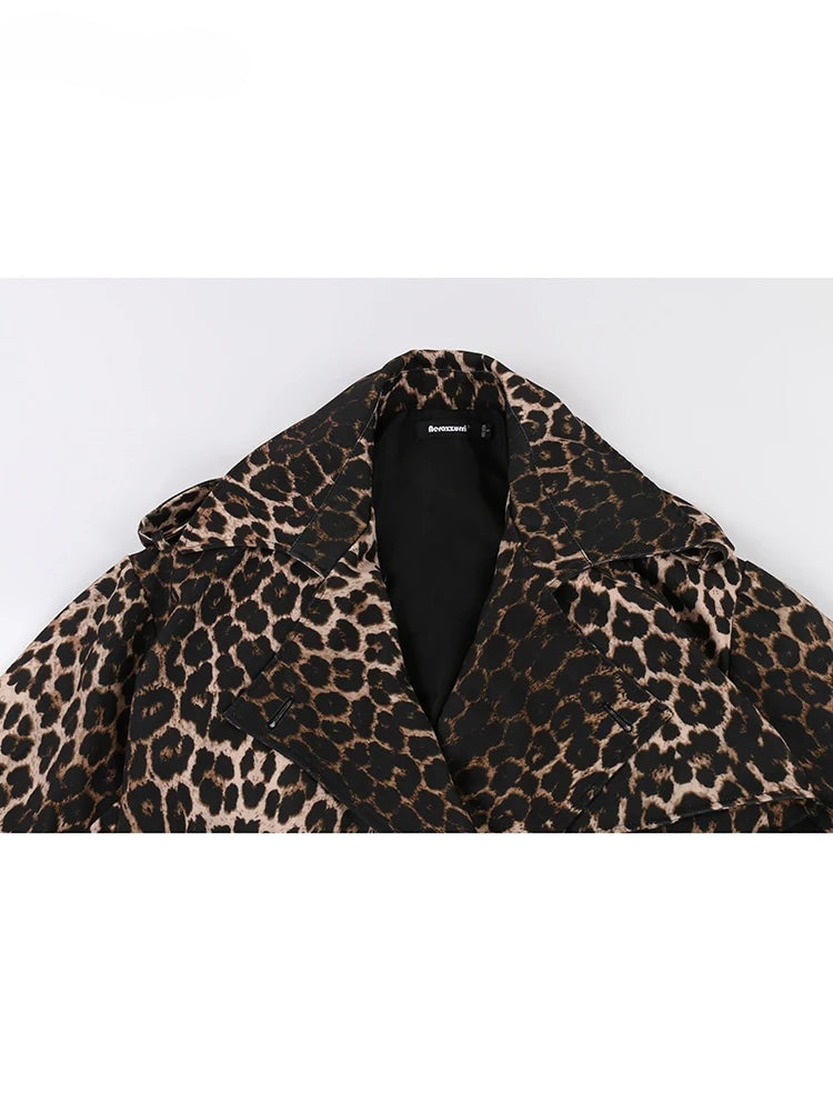 Autumn Extra Long Oversized Leopard Print Trench Coat for Women with Back High Slit Double Breasted European Fashion
