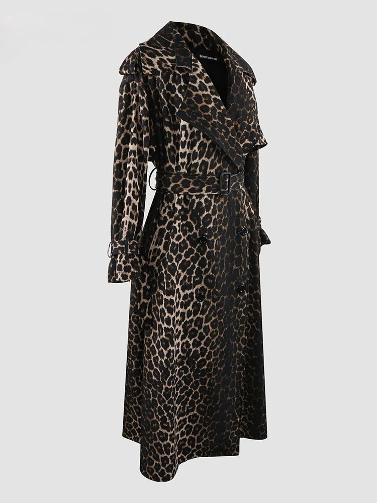 Autumn Extra Long Oversized Leopard Print Trench Coat for Women with Back High Slit Double Breasted European Fashion