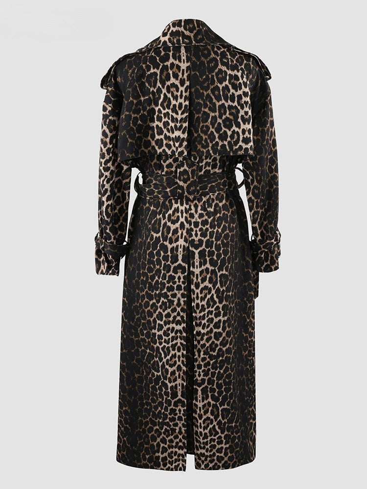 Autumn Extra Long Oversized Leopard Print Trench Coat for Women with Back High Slit Double Breasted European Fashion