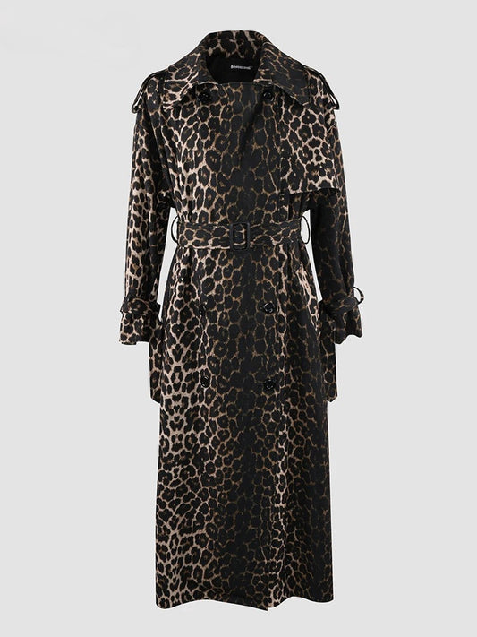 Autumn Extra Long Oversized Leopard Print Trench Coat for Women with Back High Slit Double Breasted European Fashion