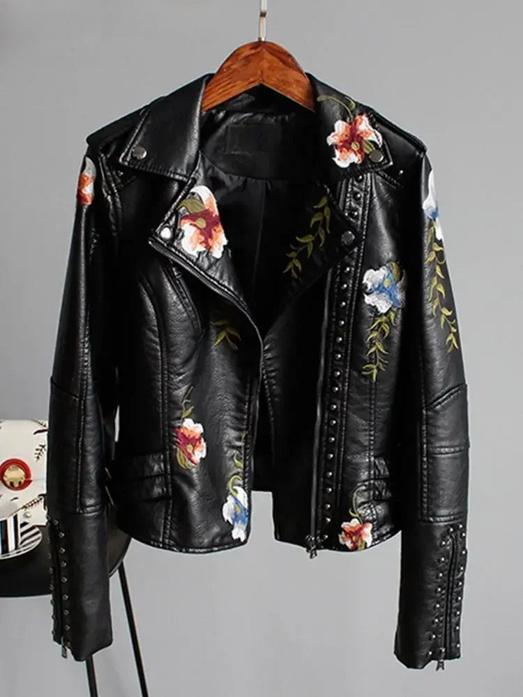 Women's Floral Print Embroidery Faux Soft Leather Jacket, Punk Rivet Outerwear, Black, Punk, Motorcycle Coat, Faux, Female