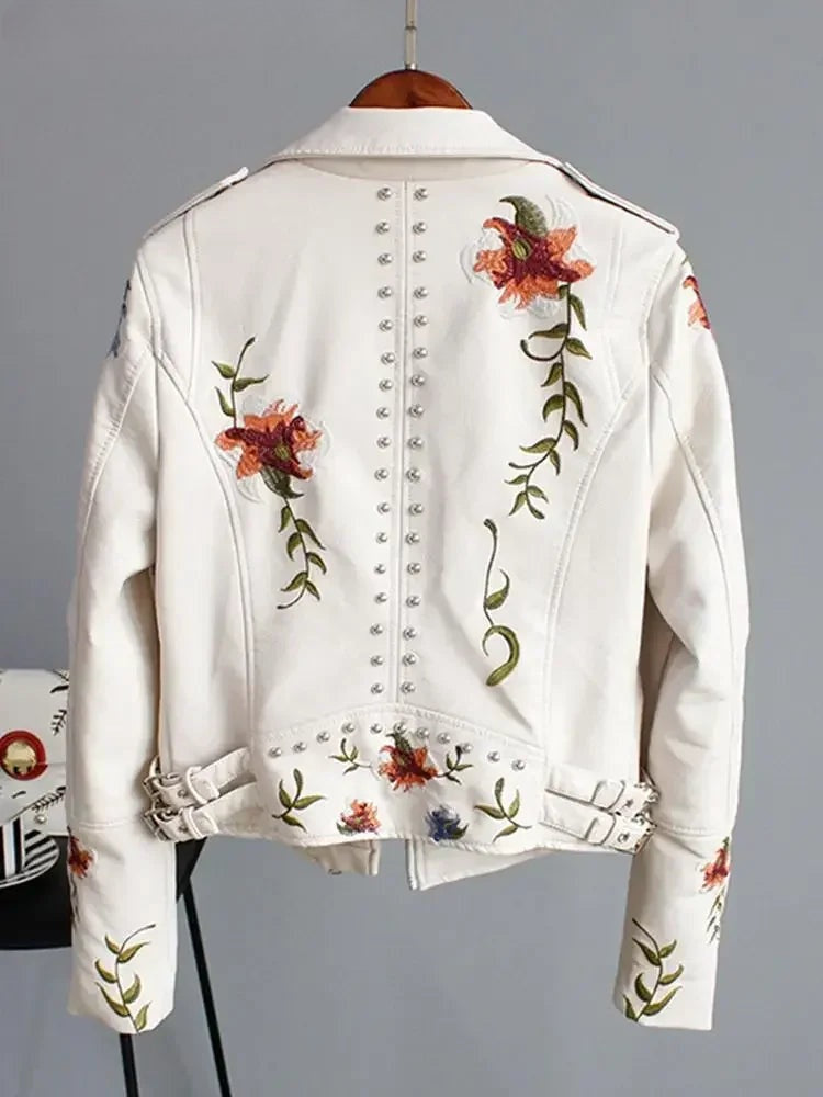 Women's Floral Print Embroidery Faux Soft Leather Jacket, Punk Rivet Outerwear, Black, Punk, Motorcycle Coat, Faux, Female