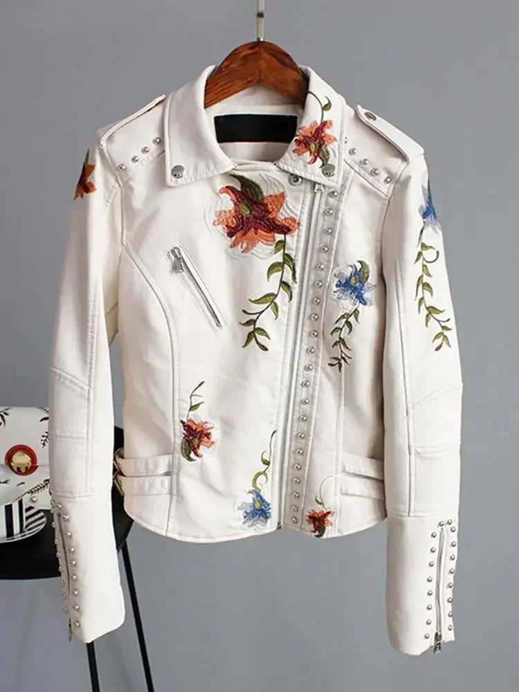 Women's Floral Print Embroidery Faux Soft Leather Jacket, Punk Rivet Outerwear, Black, Punk, Motorcycle Coat, Faux, Female