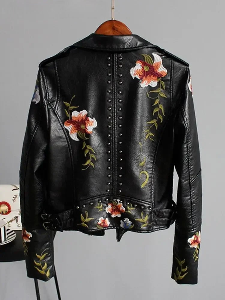 Women's Floral Print Embroidery Faux Soft Leather Jacket, Punk Rivet Outerwear, Black, Punk, Motorcycle Coat, Faux, Female