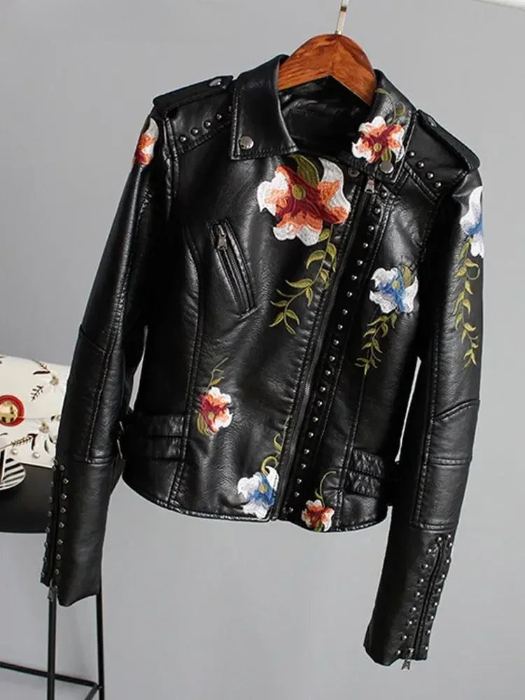 Women's Floral Print Embroidery Faux Soft Leather Jacket, Punk Rivet Outerwear, Black, Punk, Motorcycle Coat, Faux, Female