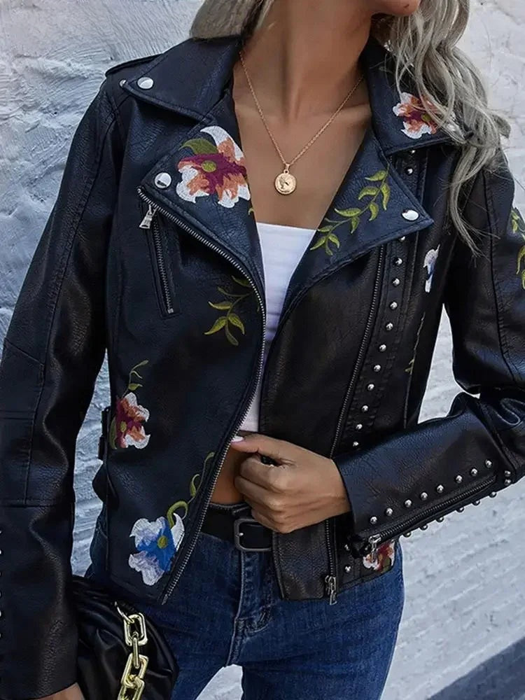 Women's Floral Print Embroidery Faux Soft Leather Jacket, Punk Rivet Outerwear, Black, Punk, Motorcycle Coat, Faux, Female