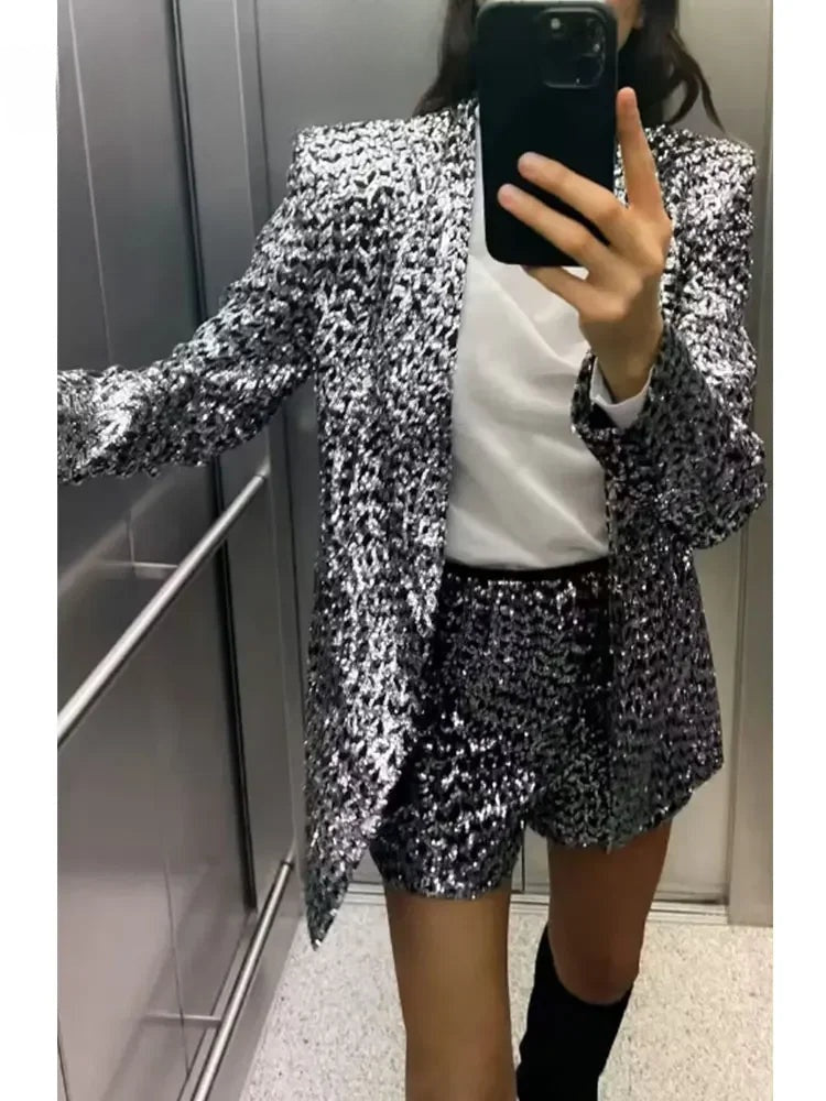 Vintage Chic Women Suit Solid V-Neck Long Sleeve Sequins Blazer Zipper Straight Shorts Fashion Autumn Winter Sets