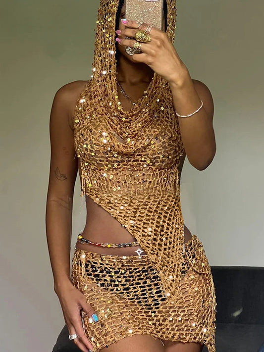 Weird Puss Sequins Women 2piece Set Sexy See Through Irregular Backless Hooded Tank Tops+Peach Hip Skirts Midnight Clubwear Suit