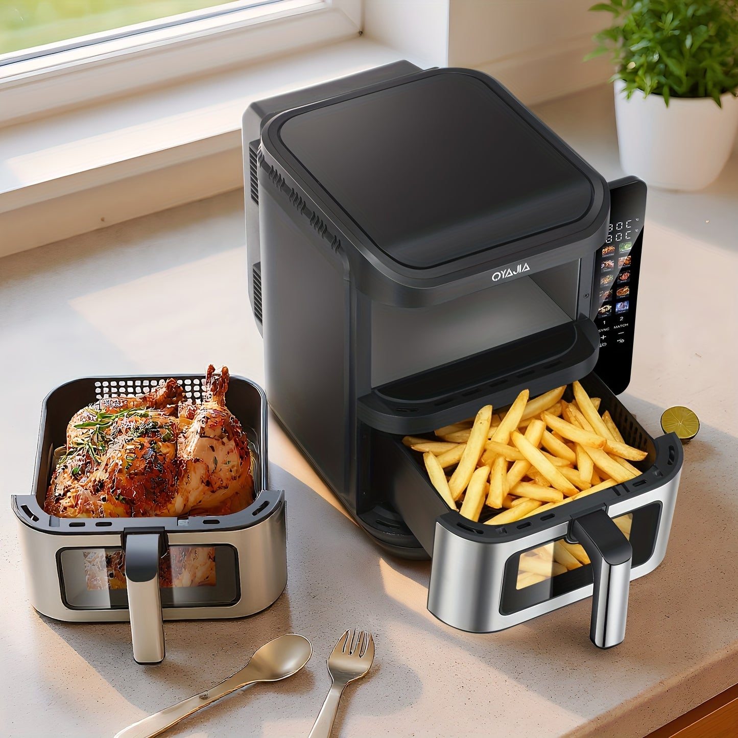 Professional 2800W Dual-Cavity 11L Family Air Fryer with Dual Drawers & Viewing Window, 10-in-1 Cooking (Air Fry/Bake/Roast), Heavy-Duty ABS/S Stainless, Oversized Basket for whole Chicken, Dishwasher-Safe for Large Gathering