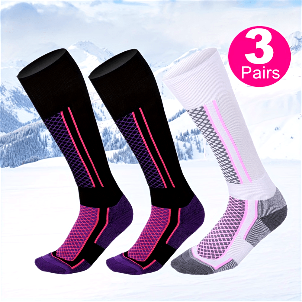 3pcs Pack Women's Thick Warm Ski Socks - Tall Outdoor Winter Sports Sock Suitable for Skiing, Snowboarding, Ice Skating - Striped Thermal Athletic Footwear Winter Sports Apparel Accessories