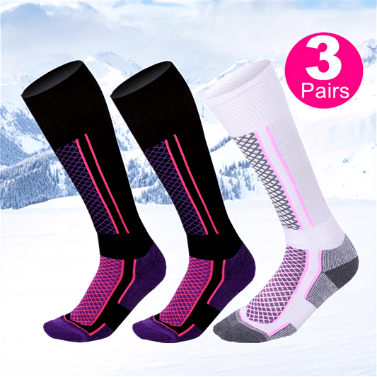3pcs Pack Women's Thick Warm Ski Socks - Tall Outdoor Winter Sports Sock Suitable for Skiing, Snowboarding, Ice Skating - Striped Thermal Athletic Footwear Winter Sports Apparel Accessories