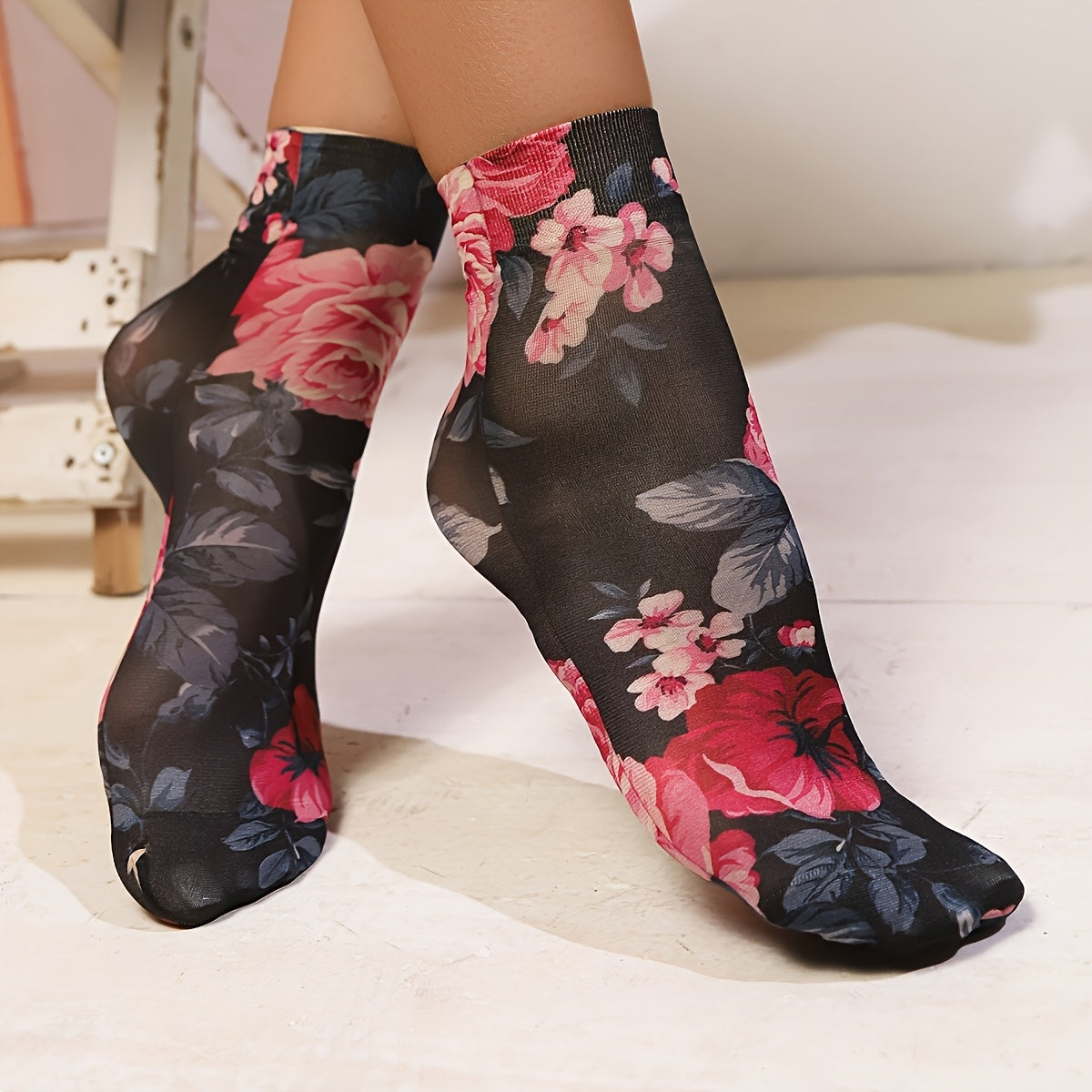 3 Pairs Set Women's Floral Print Mid-Calf Socks - Stylish Black with Pink, Orange & White Flowers, Ribbed Texture, Perfect for Casual or Dressy Outfits, Women Footwear Accessories
