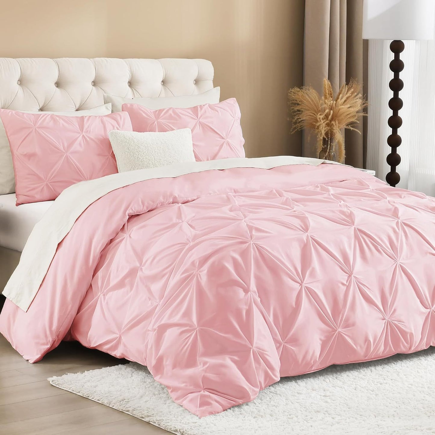 3 PCS Set 5 Colors Charcoal, Pink*Five Star Hotel* Pinch Pleated Luxury High Quality Duvet Cover Set, Soft Pintuck Bedding Sets with Pillowcases