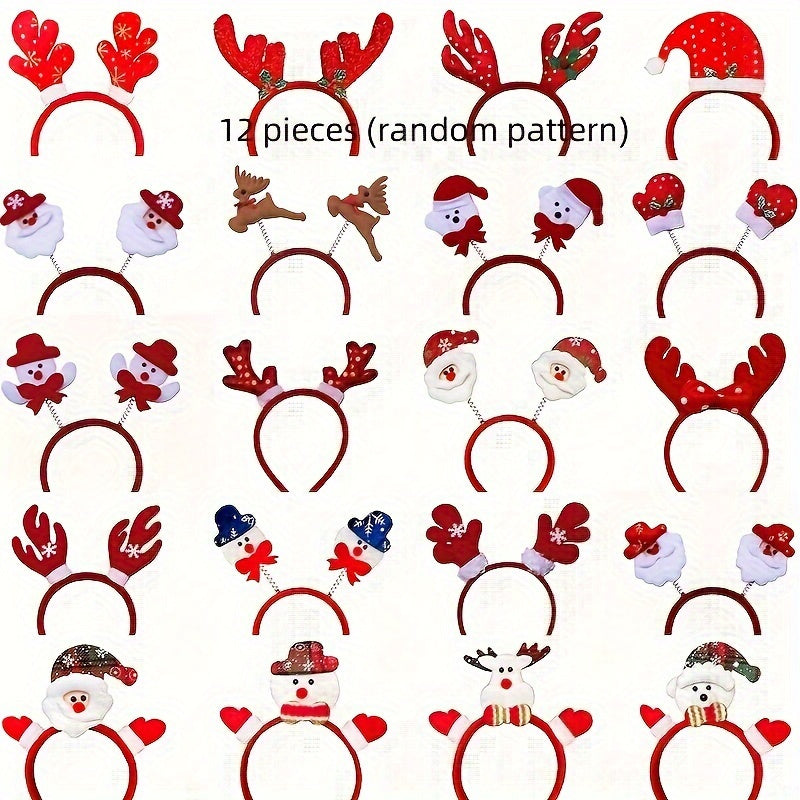 12pcs Festive Christmas Headbands - Red & Plastic Hair Bands with Santa, Snowman & Reindeer Antlers, Perfect for Holiday Party Decorations, Holiday Headbands | Playful Design | Durable Plastic, Christmas Accessories Halloween