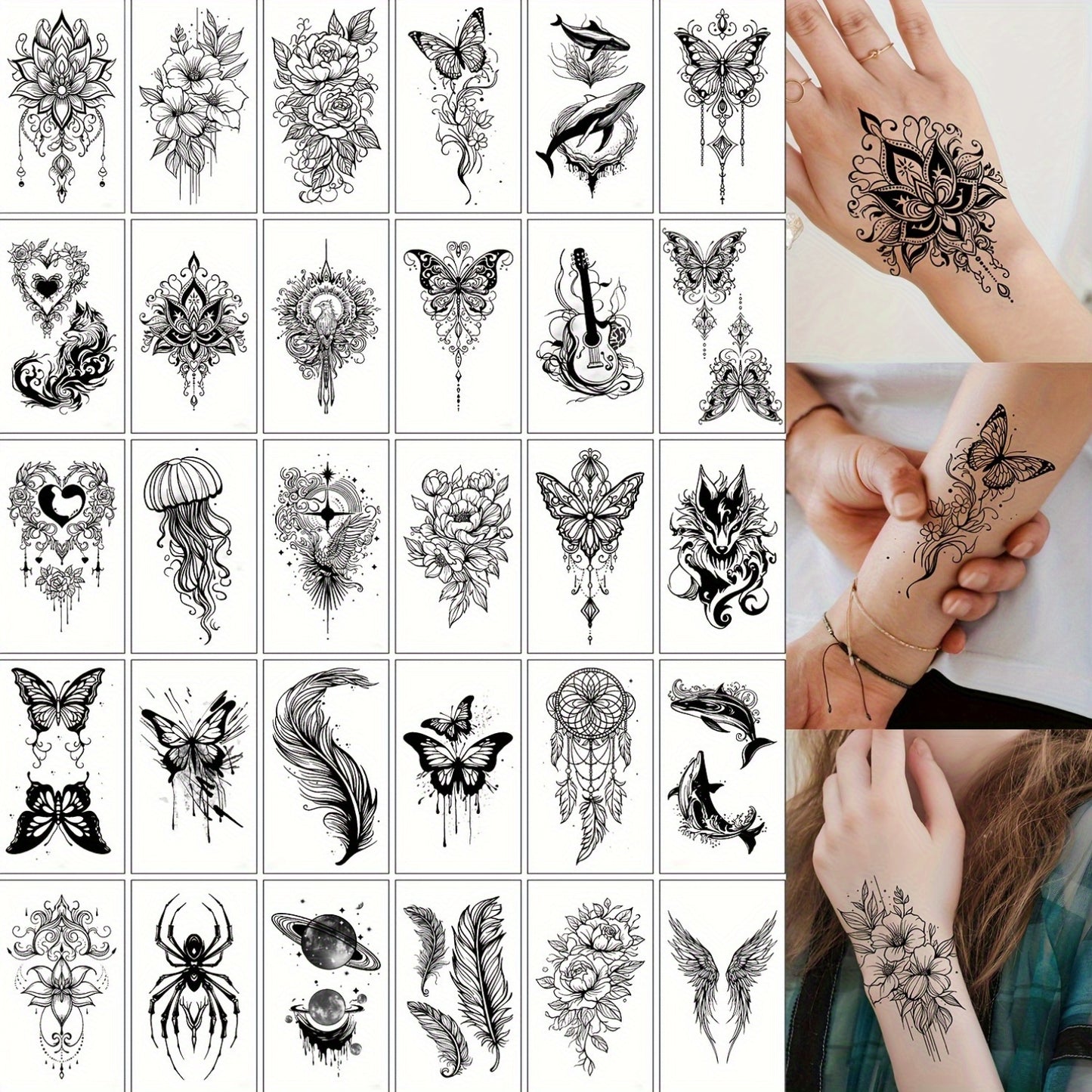 30 SHEETS Set Temporary Tattoo Stickers, Black Butterfly Feather Wind Chime Wings Planet Spider Guitar Flower Heart Pattern Tattoo Stickers, Body Wrist Collarbone Art Waterproof Fake Tattoo Stickers Suitable for Women, Tempor