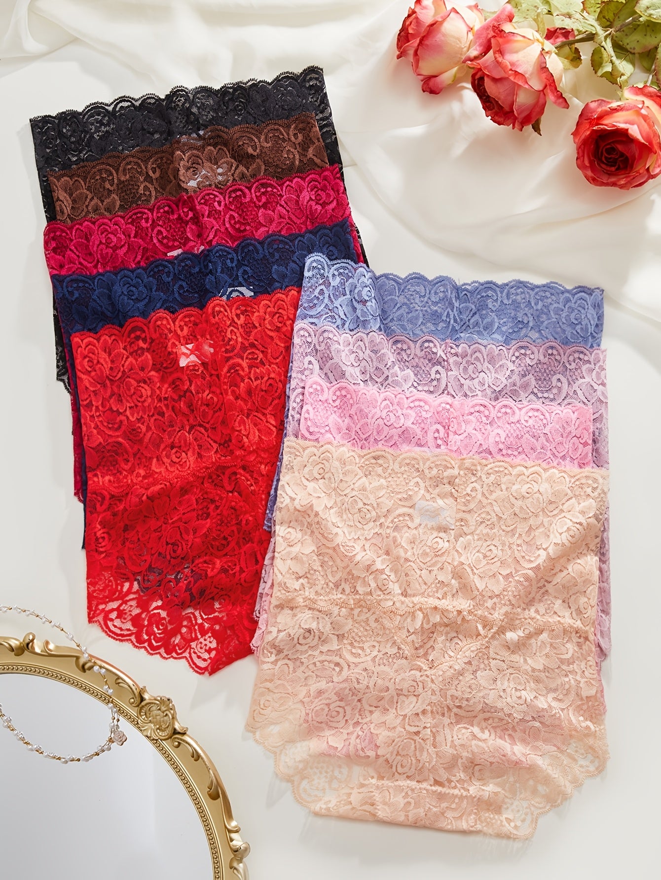 7pcs Set Women's High-Waisted Lace Underwear - Floral Print Bikini Briefs with Multi-Color Options (Black, Navy, Red, Pink, Beige,, Purple) - Full Coverage Opaque Triangle Panties, Hand Washable Lace Trim & High for