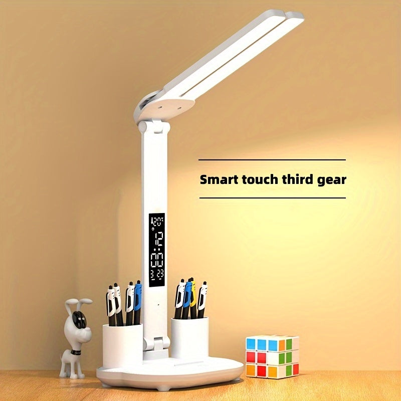 NEW Dual-head LED desk lamp with smart display screen, adjustable brightness and 3 color modes, touch operation, built-in pen holder, foldable design, USB power supply, eye protection technology for reading, suitable for bedr
