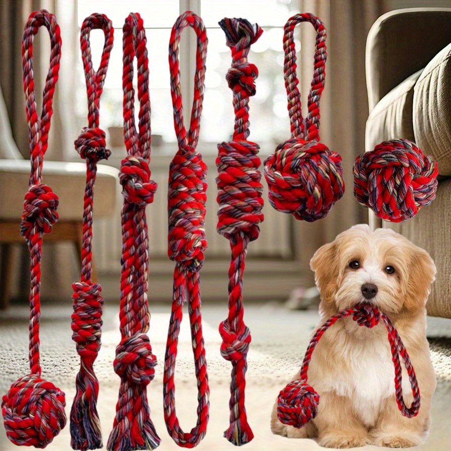 7 PCS Set of Red Dog Chew Rope Knot Toys, Durable Training Interactive Dog Rope Toys, Suitable for Various Sizes of Dogs for Play and Interaction. Multifunctional Teeth Grinding Rope, Indoor and Outdoor Training and Teeth Cle