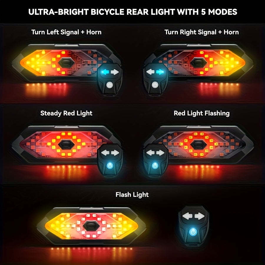 USB Rechargeable LED Bike Tail Light with Left & Right Turn Signals - 5 Modes, Remote Control, Safety Alert Speaker, Red/Yellow Light Beads, ABS+PC Material, Compact Design for Night Riding, Bike Light