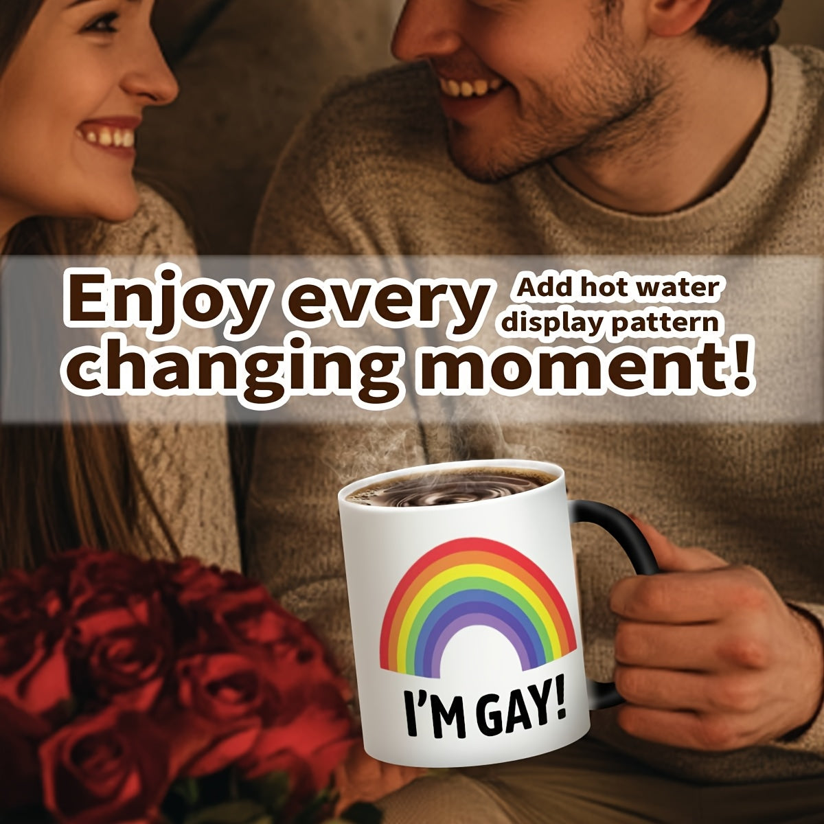 1-Pack Rainbow "I'm Gay!" Ceramic Coffee Mug - Color-Changing Humorous LGBTQ Pride Cup with Heat-Sensitive Design, Hand Wash Only, Funny Gift for Men, Boyfriend, Best Friend (Mother's Day, Birthday, Father's Day