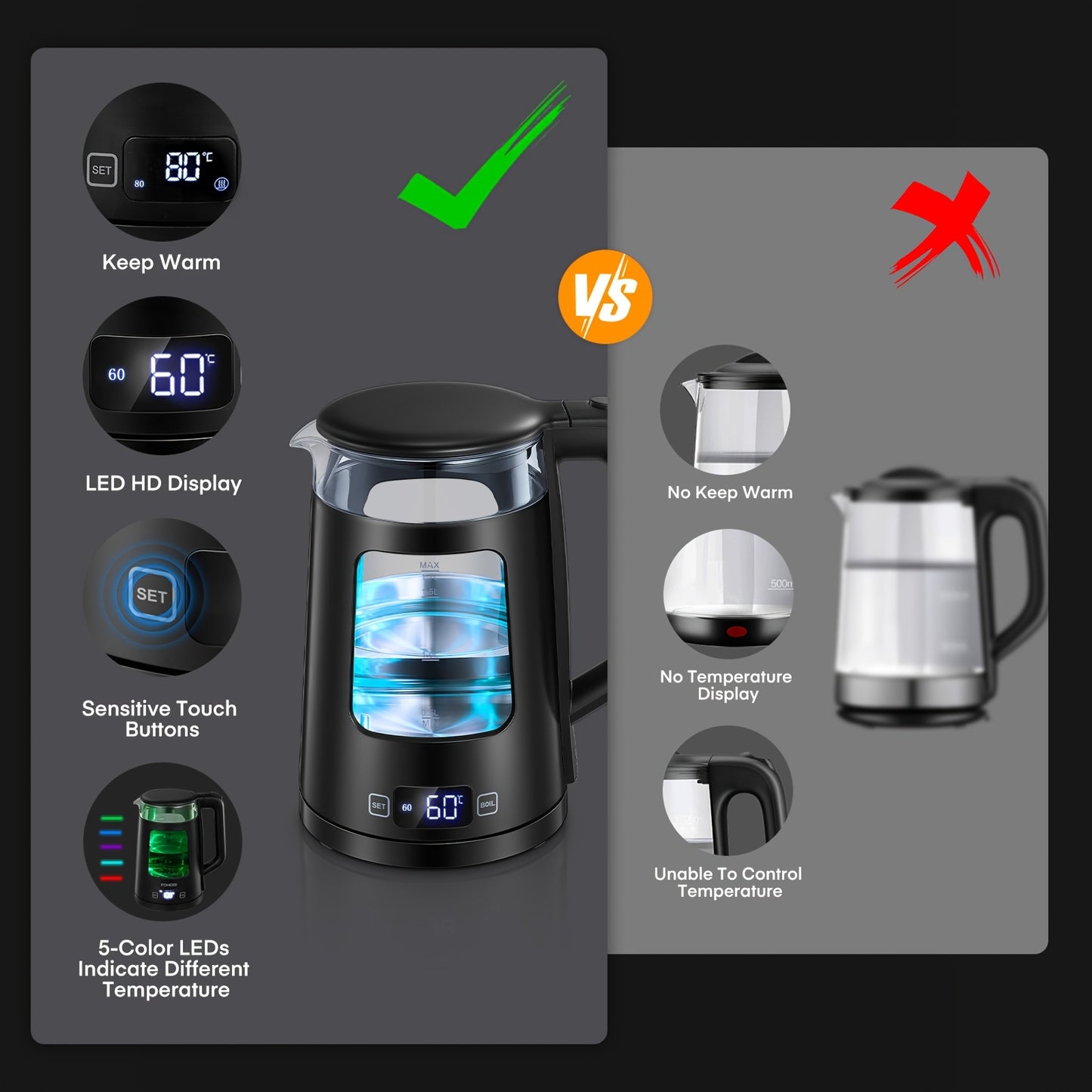 1.7L Glass Electric Kettle with Keep Warm, 5-Temperature Control (Chiller Mode), 2200W Fast Boil, Auto Shut-Off & Boil- Protection, & 5- Indicator, UK Plug (220-240V) - Tea Maker & Beverage Dispenser