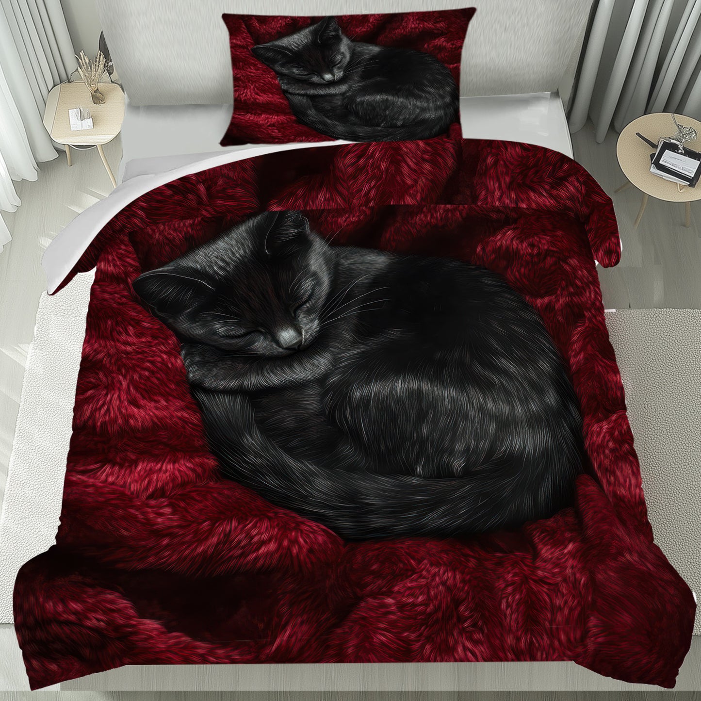 2/ 3 PCS Set Black Cat Red Duvet Cover Set, 1 Duvet Cover & 2 Pillowcases, Black Cat Red Design Bedding Set, Machine Washable, Soft and Comfortable Bed Cover Set for Bedroom
