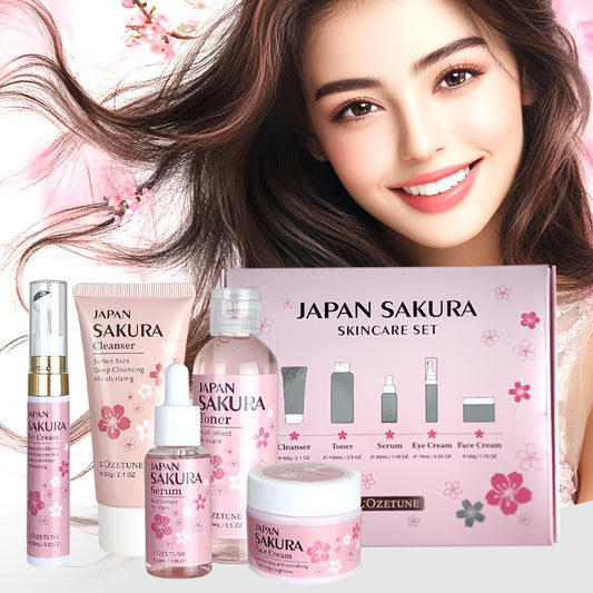 5PCS Set Japanese Sakura Cherry Blossom Skincare Set: moisturizing toner, eye cream, cleanser, face cream, cherry essence. Fits all Light Beige (dry, normal, combination). Great for post-facial hair removal