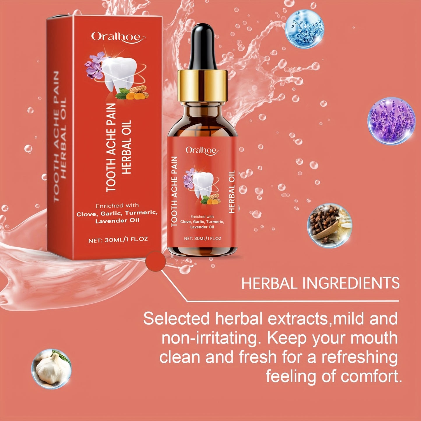 1pc Herbal Dental Care Essence 30ml Contains clove flower oil, garlic root oil, lavender oil and turmeric root oil to gently care for your mouth, teeth and gums, leaving your mouth feeling cool and comfortable with naturally