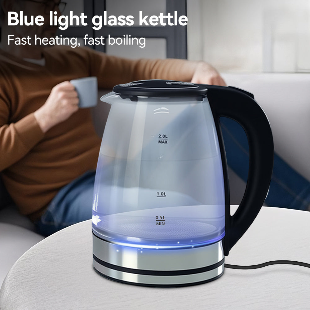 2L Electric Kettle Glass Fast Boil 1000W Teapot Blue LED With Stainless Steel Fast Boiling Auto Shut-off UK Plug