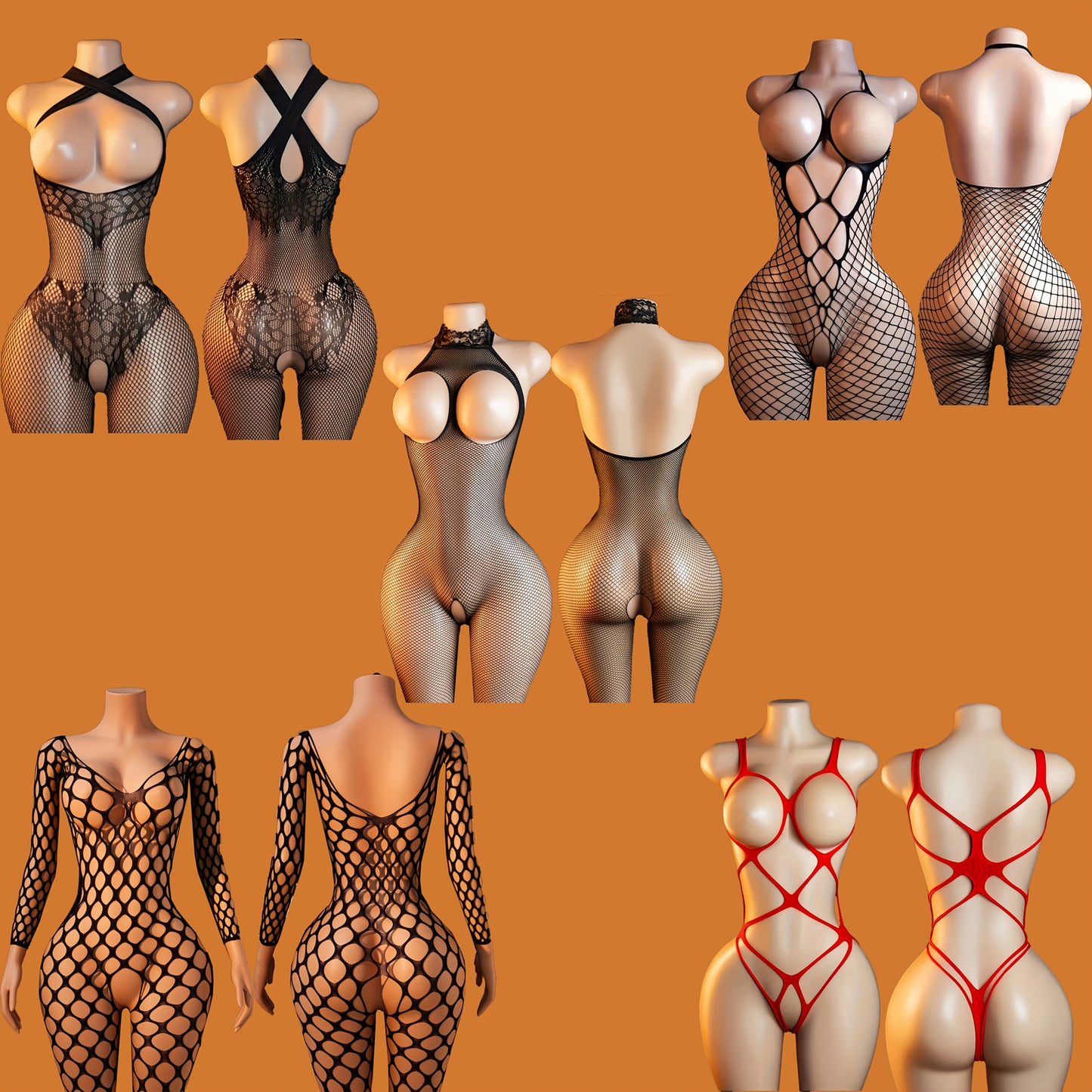 5pcs Women's Full Set Mesh Lingerie & Legwear - Sexy Sheer Bodysuit with Garter Belt, High-Waisted Thong Panties, Long Sleeve Top & Fishnet Stockings - Heavy-Duty 72.57KG Weight Capacity, Hand Washable, Elegant & Sexy Adult C