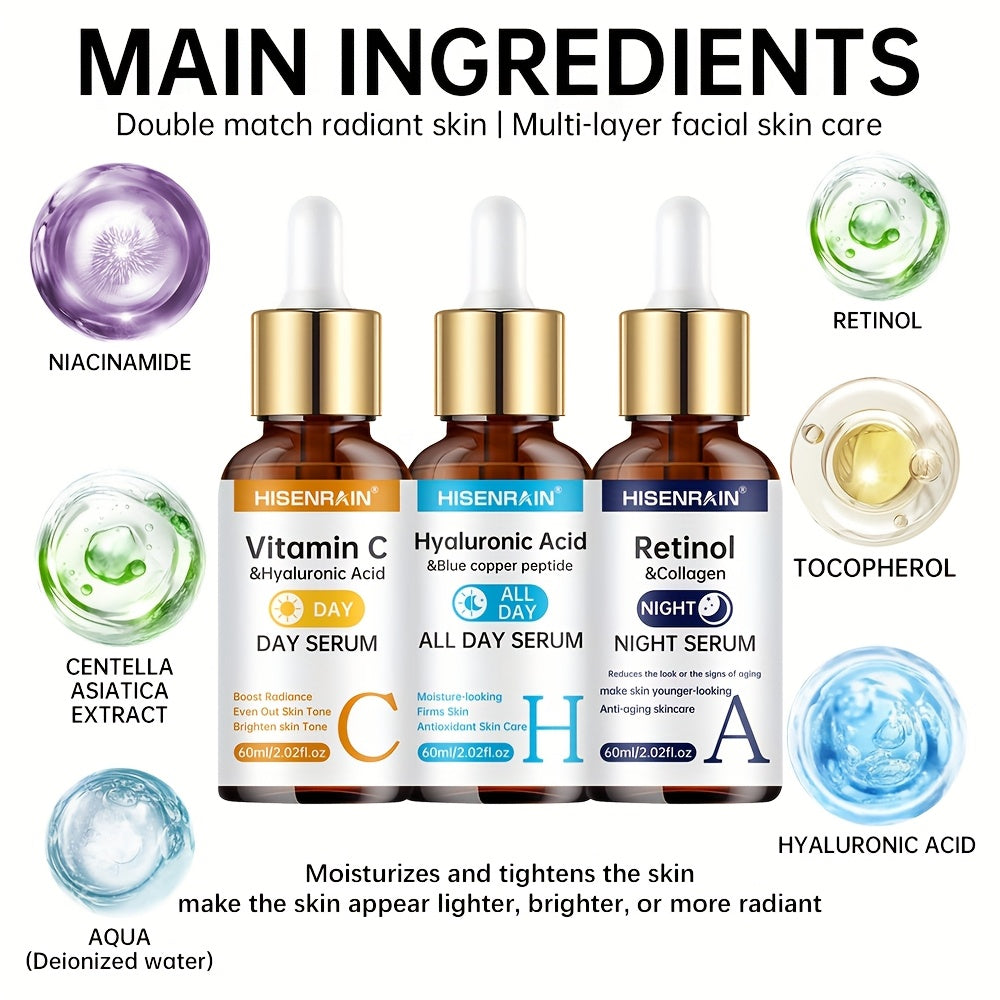 3 PCS Set All Day & Night Serum Set with Vitamin C + Retinol + Hyaluronic Acid (Contains Collagen + Peptides + Various Vegetable Oil Extracts) -Brightens Light Beige, Firms Skin, Controls Oil & Moisturizes, Deeply Hydrates. D