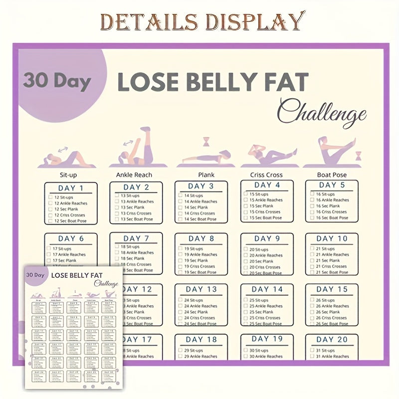 30-Day Challenge to Reduce Belly Fat, Home Exercise Daily Ab Practice  Log, Core Strengthening Routine Including Sit-Ups, Planks, And Additional Exercises, Fitness Manual