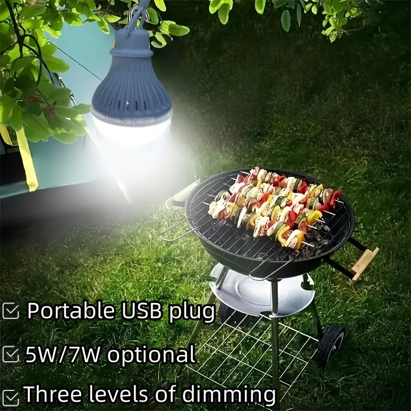 USB Powered LED Bulb with Switch, Portable Camping Light, 3-Color Dimmable Emergency Light with Hanging Hook for Tents, Outdoor, BBQ, Fishing & Repairs